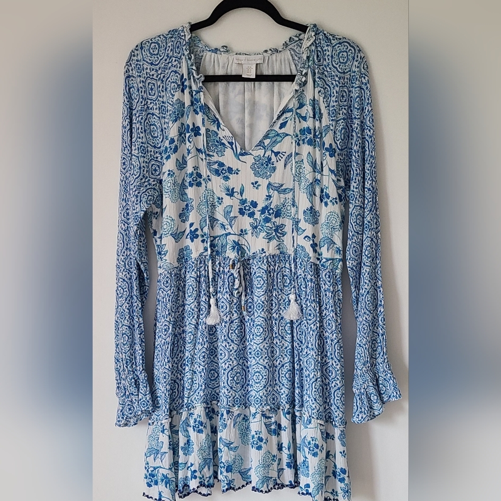House of harlow 1960 blue white gold floral long sleve midi dress
